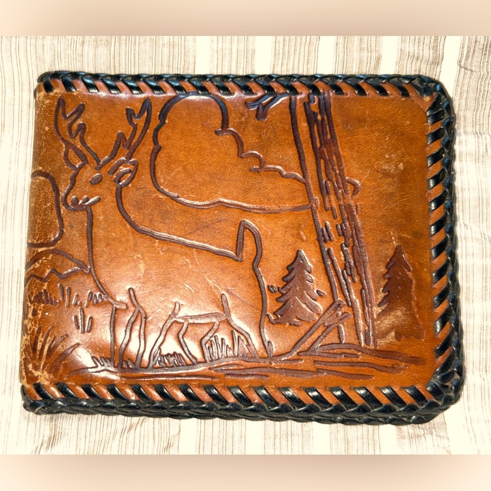 Vintage Handmade Deer Hand Tooled Tan Leather Bifold Wallet  Western Boho